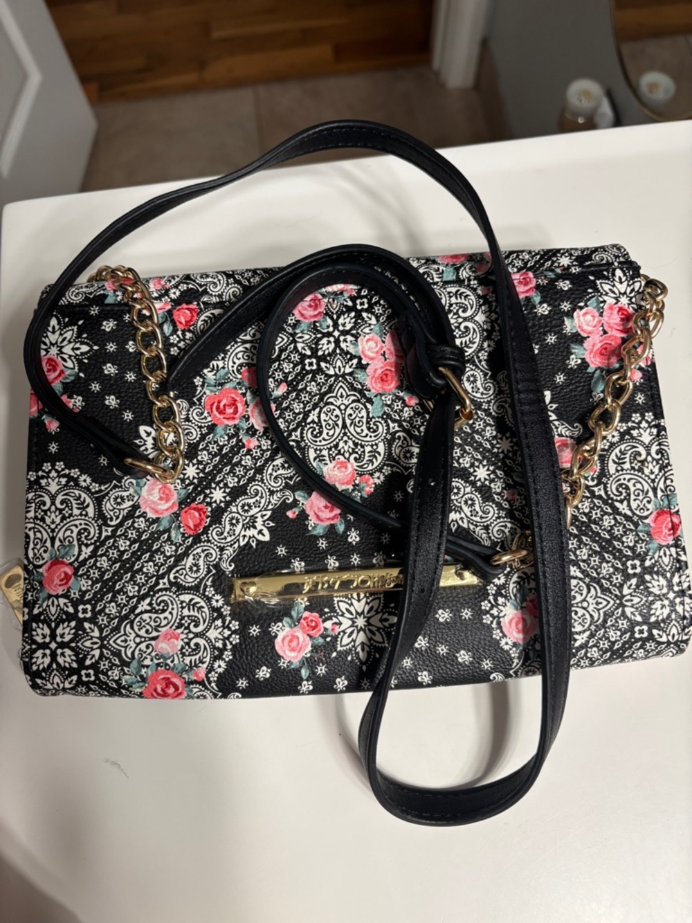 Betsey Johnson Black Floral Crossbody with Pink Rose Print and Bow - Picture 5 of 8